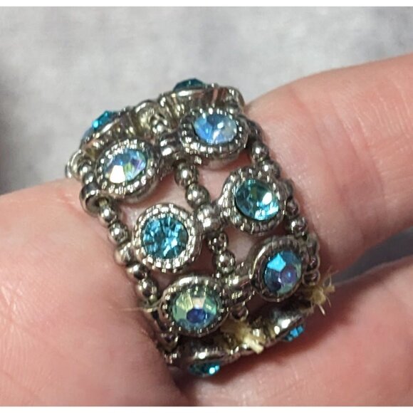 Chunky Glam Blue Rhinestone Silver Tone Stretch Ring Size 7 - Picture 6 of 9
